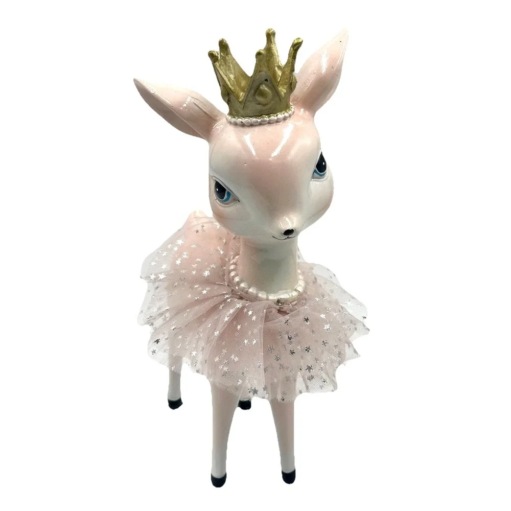 Bella Lux Pink Deer Figurine 10 Inch Crown Tulle Skirt Christmas Decor Princess
